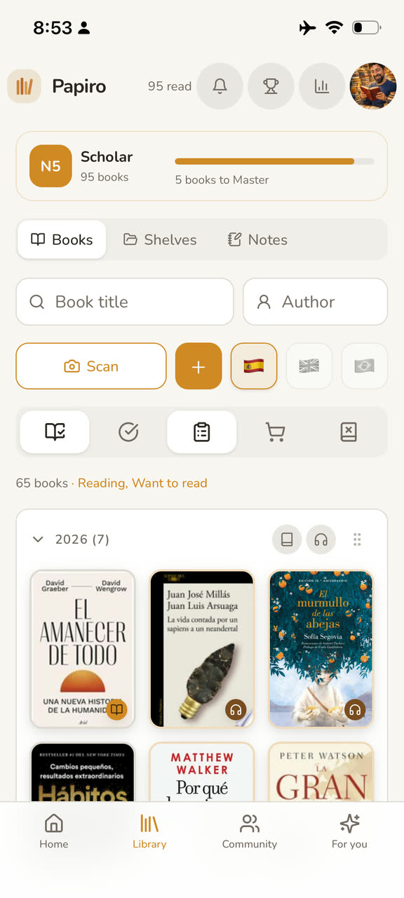 Personal Papiro library organized by status and format