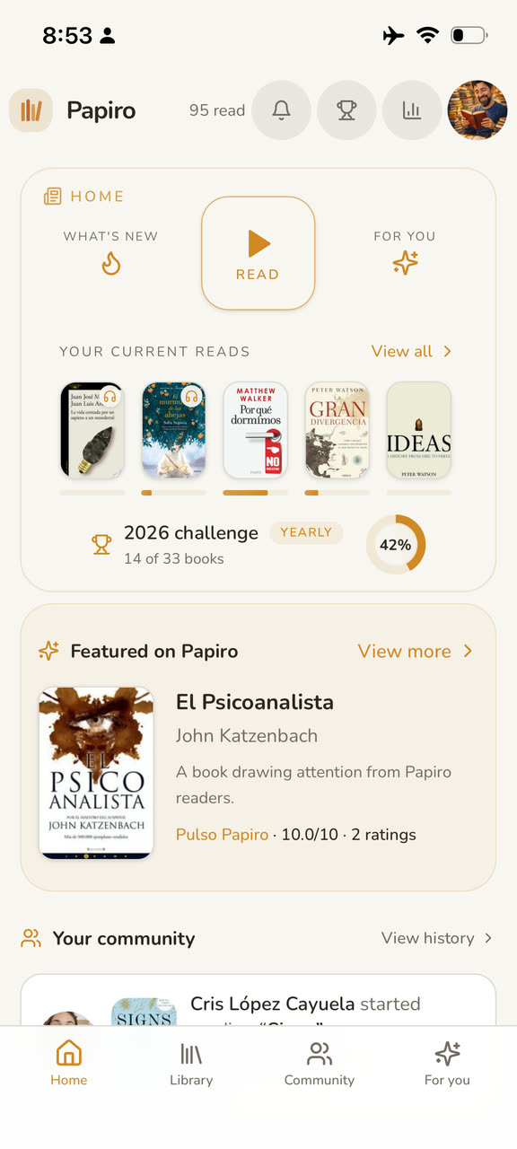 Papiro home with current reads, challenge and community activity