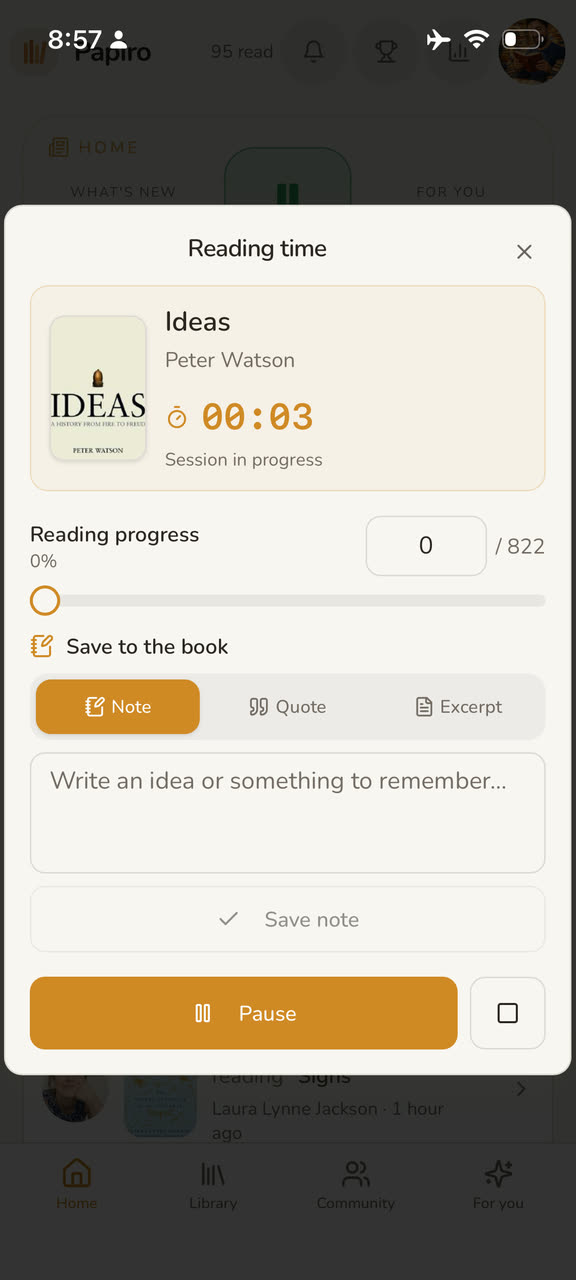 Reading moment with timer, progress and notes