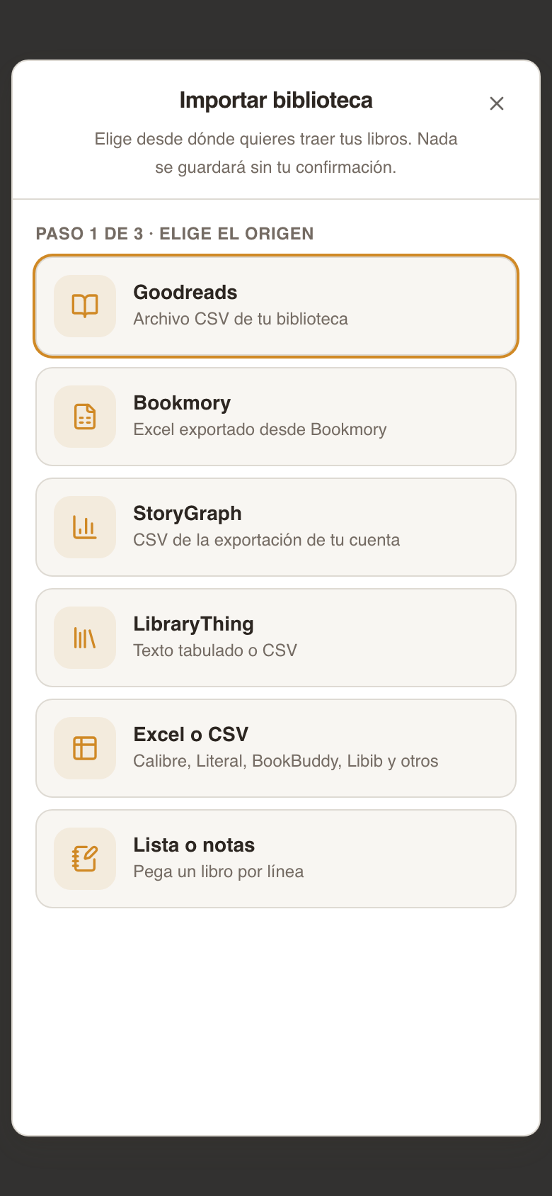 Opciones para importar una biblioteca a Papiro desde distintas plataformas y archivos