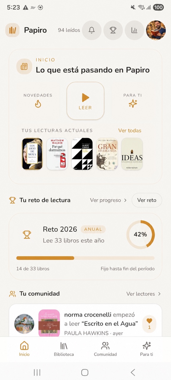 Inicio de Papiro con lecturas actuales, reto y actividad de la comunidad