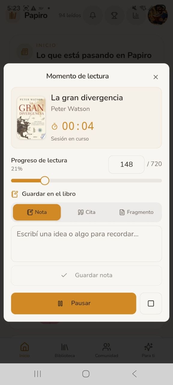 Momento de lectura con temporizador, progreso y notas