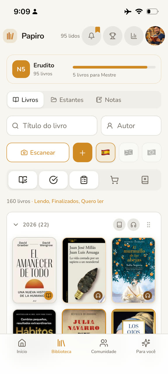 Biblioteca pessoal do Papiro organizada por status e formatos