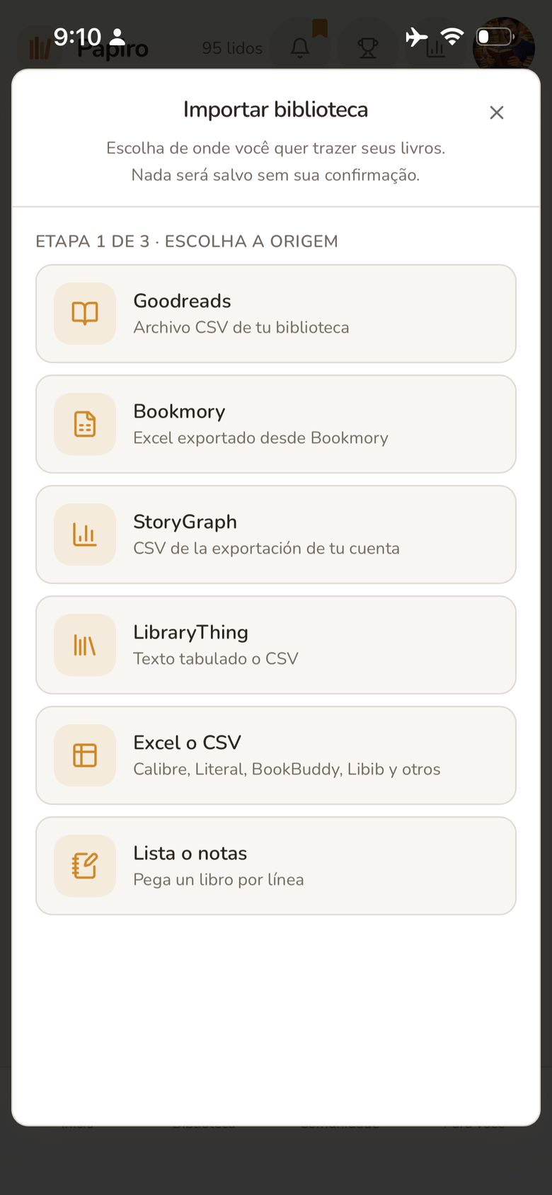 Opções para importar uma biblioteca para o Papiro a partir de diferentes plataformas e arquivos