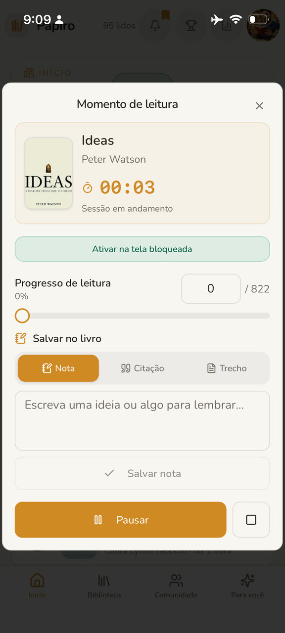 Momento de leitura com cronômetro, progresso e anotações